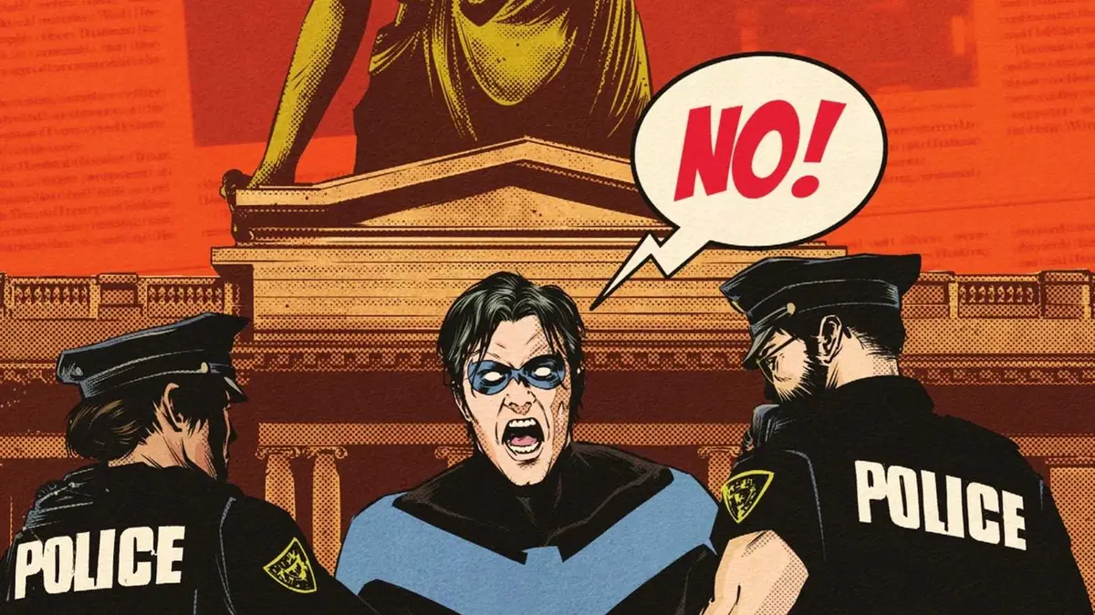 Dick Grayson being held by a pair of policemen in front of a courthouse on the Nightwing #141 Cover.