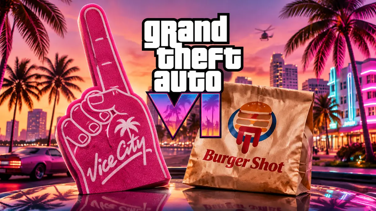 Поролоновый палец Vice City и пакет Burger Shot на фоне неоновых пальм Майами в стиле постера GTA VI