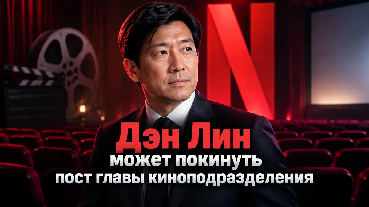 Дэн Лин в деловом костюме на фоне красного логотипа Netflix и пустого кинозала, постер о киноподразделении