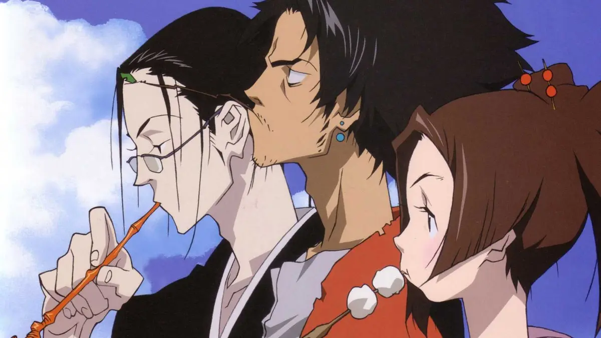 Jin, Mugen and Fuu stand in thought together in Samurai Champloo.