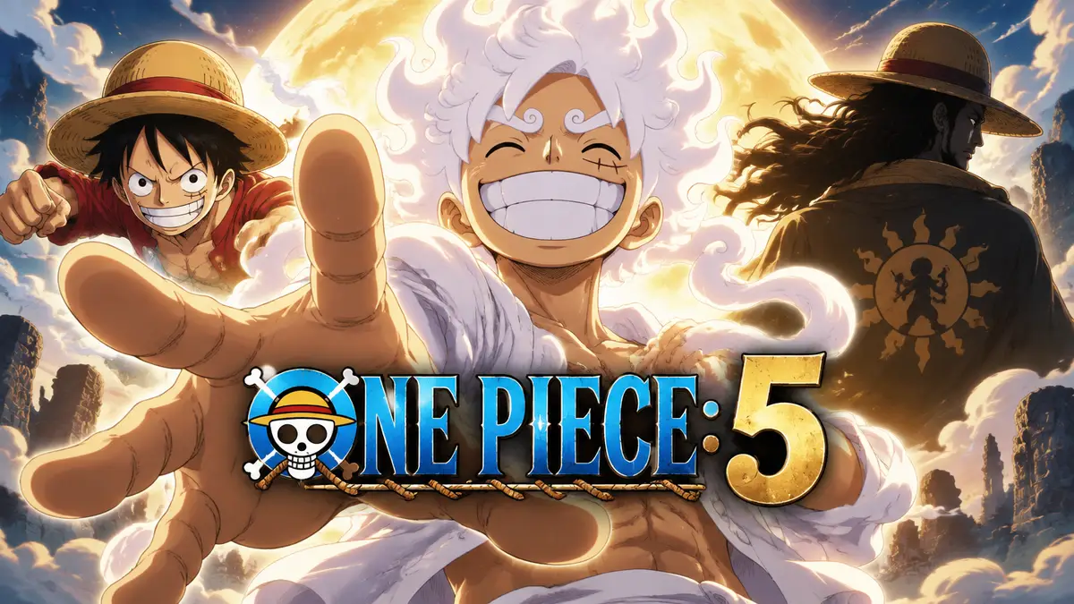 Бог Солнца Ника из One Piece с белыми волосами и широкой улыбкой в центре, вокруг Луффи и Джой Бой