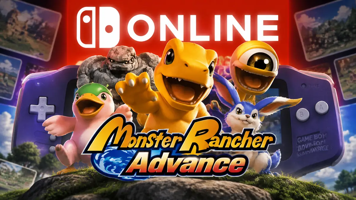 Монстры из Monster Rancher Advance в центре на фоне логотипа Nintendo Switch Online и консоли Game Boy Advance