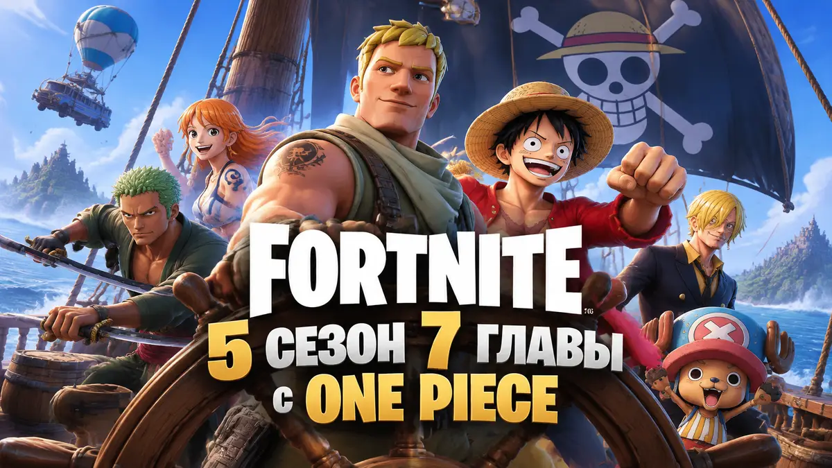 Пиратский корабль Fortnite с командой Jonesy и персонажами One Piece в центре, логотип Fortnite