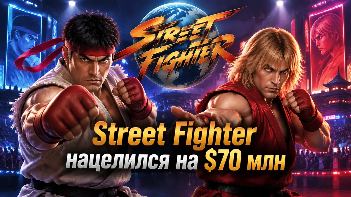 Рю и Кен из Street Fighter в боевых стойках на фоне неоновой арены и логотипа фильма Street Fighter