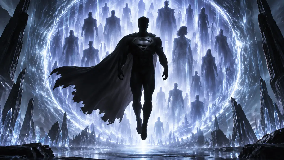 Супермен из Absolute Superman в чёрном костюме парит перед мерцающим порталом Фантомной Зоны с силуэтами криптонцев