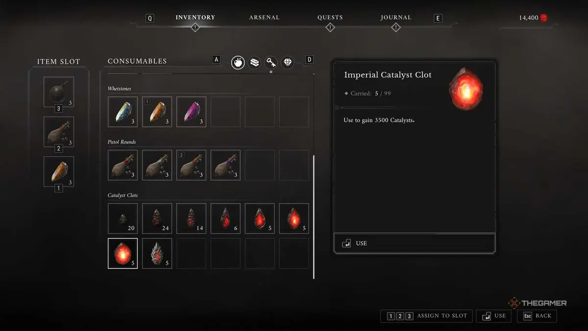 Catalysts in Valor Mortis inventory screen.