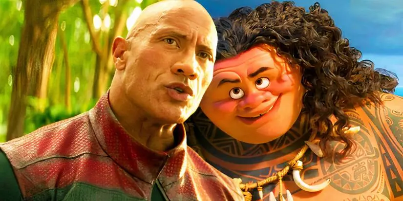 Dwayne Johnson as Callum Drift in Red One juxtaposed with Maui smiling in Moana