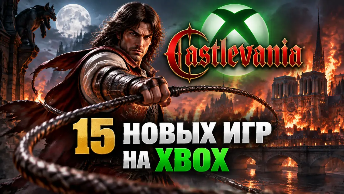 Тревор Белмонт с кнутом Vampire Killer на фоне горящего Парижа и логотипа Castlevania на Xbox