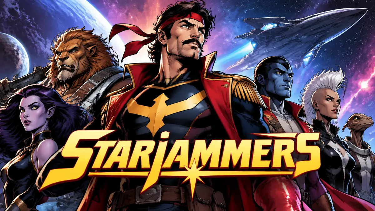 Корсар в капитанском костюме в центре команды Starjammers на фоне звёздного космоса, стиль комиксов Marvel