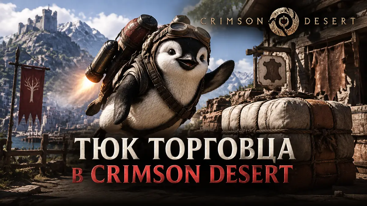 Oongka с джетпаком Kuku Rocket Pack рядом с тюками торговца у кожевни в стиле постера Crimson Desert
