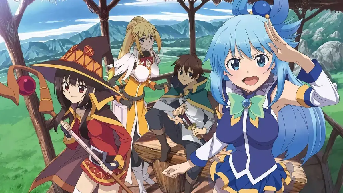 Kazuma, Megumin, Aqua and Darkness hanging around in KonoSuba.