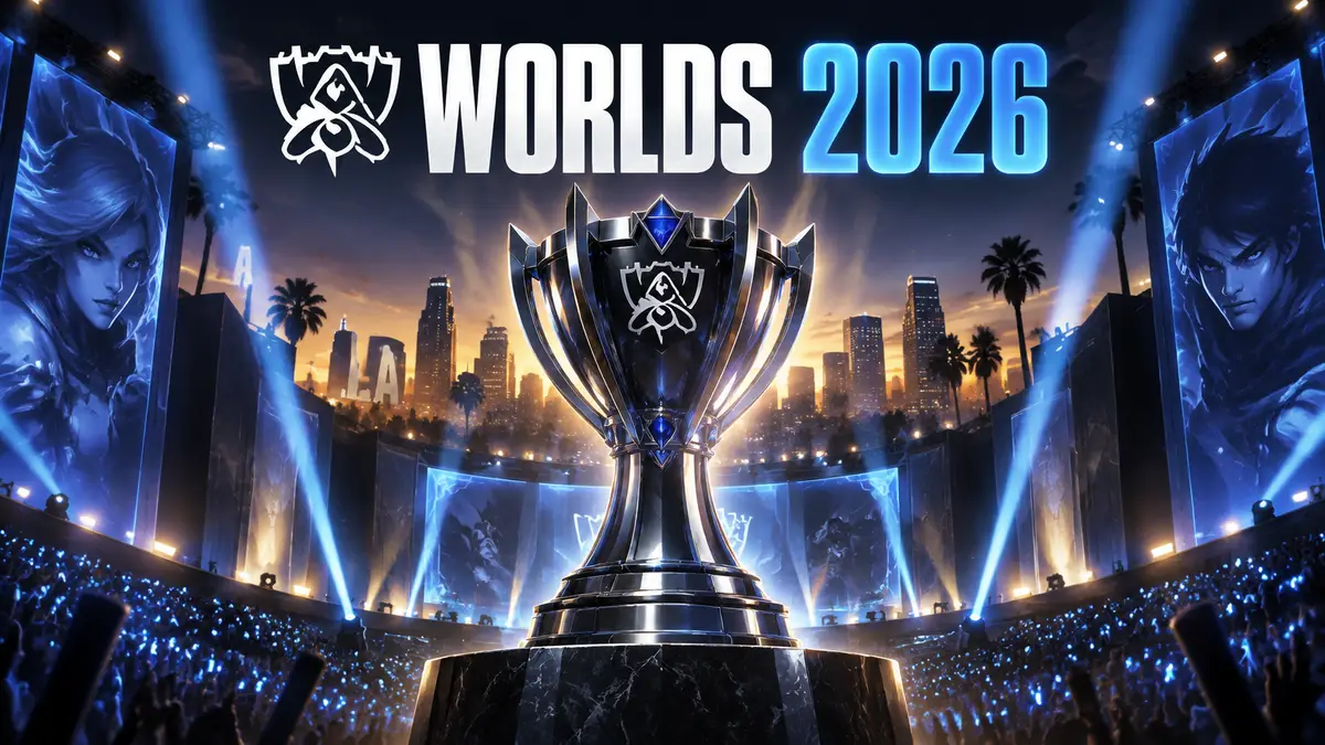 Кубок чемпионата мира Worlds 2026 по League of Legends на сцене арены в Лос-Анджелесе в лучах прожекторов
