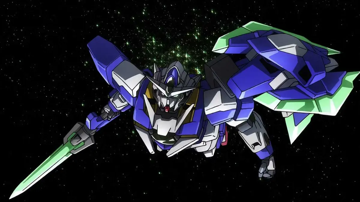Setsuna's Qan T Gundam fies through space in Mobile Suit Gundam 00.