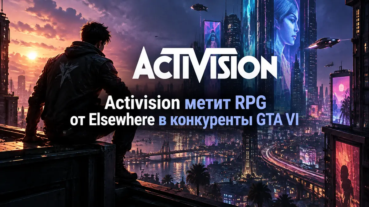 Неоновый мегаполис открытого мира RPG от Elsewhere Entertainment, силуэт героя на крыше, логотип Activision