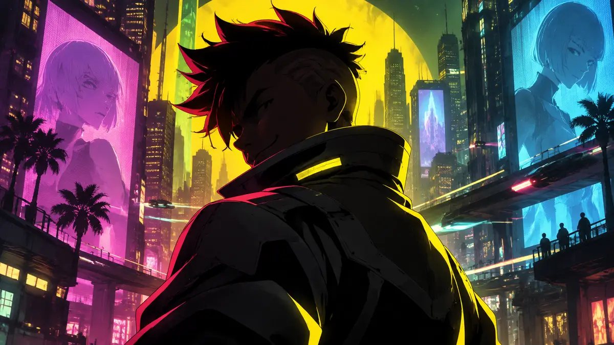 Наёмник D с дерзкой ухмылкой на фоне неоновых улиц Night City, постер сериала Cyberpunk Edgerunners