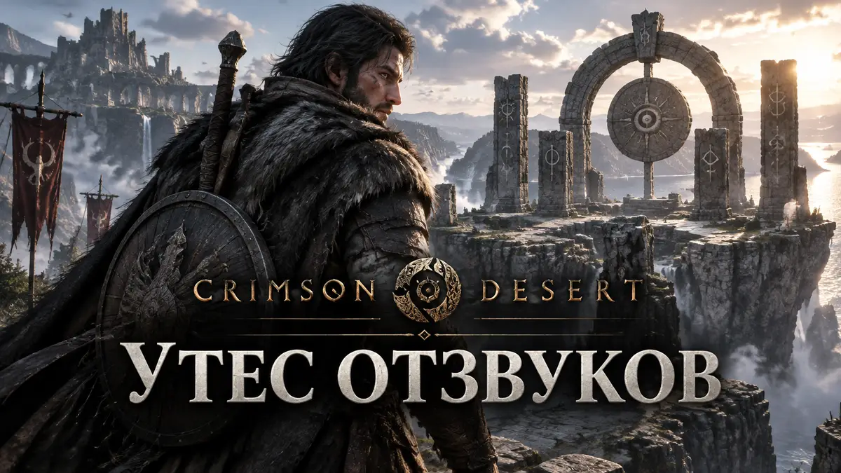 Герой Crimson Desert у древних руин Утес отзвуков с плитами в символах на краю обрыва, эпичный key art