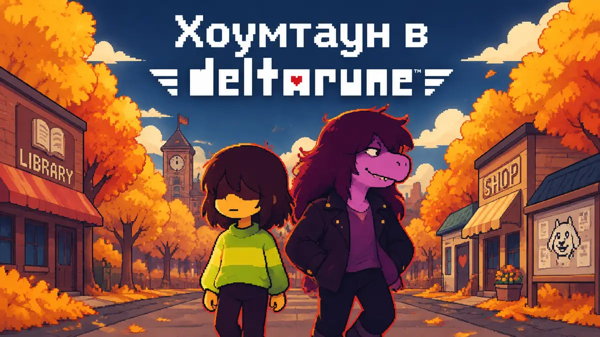 Kris и Susie на главной улице осеннего Хоумтауна с золотым лесом, в стиле Deltarune