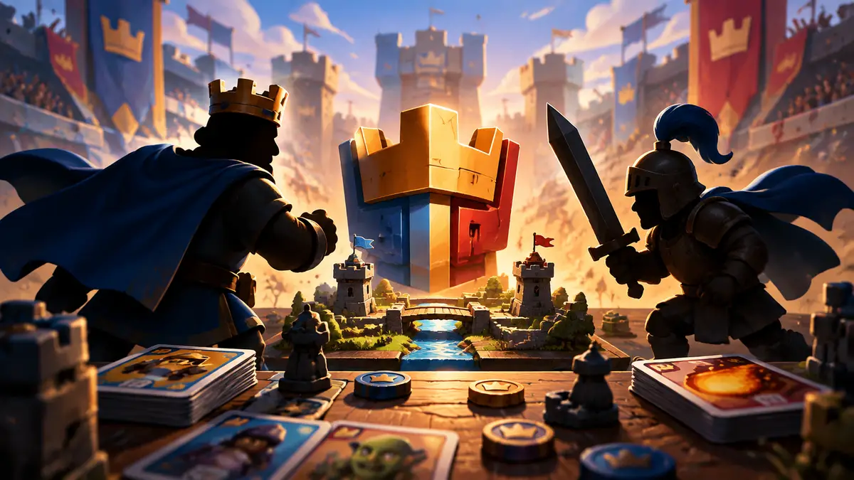 Король и рыцарь из Clash Royale на настольной арене с картами и фишками, логотип The Grand Arena
