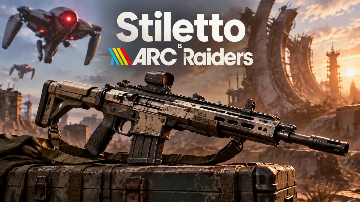 Полуавтоматическая винтовка Stiletto из ARC Raiders крупно на фоне ржавых руин Rust Belt и дронов ARC
