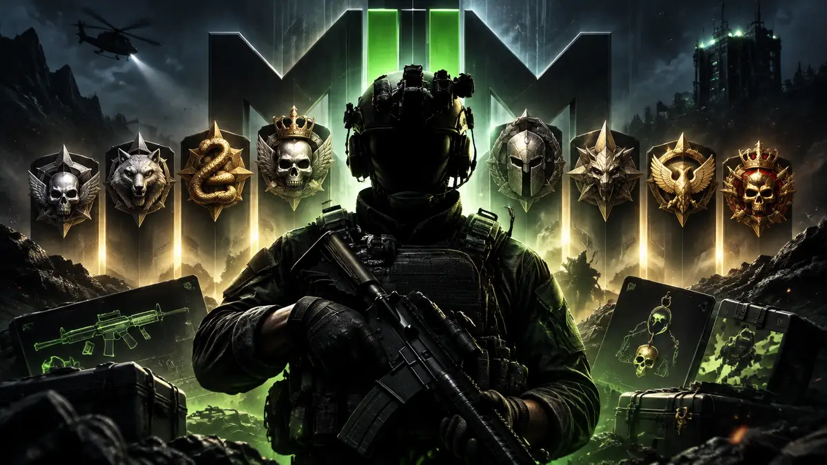 Оперативник Call of Duty: Modern Warfare 4 на фоне сияющих эмблем престижа и логотипа игры