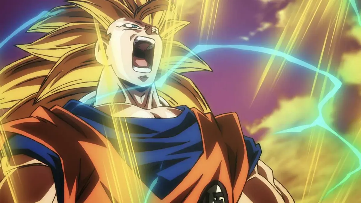 Goku charges to Super Saiyan 3 in Dragon Ball Super: Beerus Episode 2.