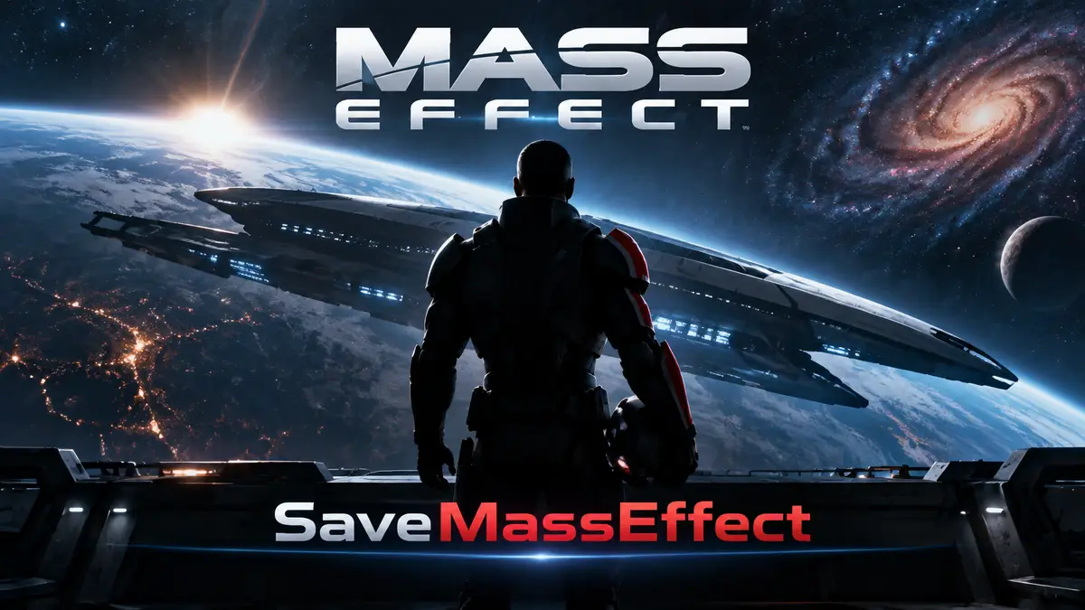 Коммандер Шепард на фоне корабля «Нормандия» в космосе, логотип Mass Effect и надпись #SaveMassEffect