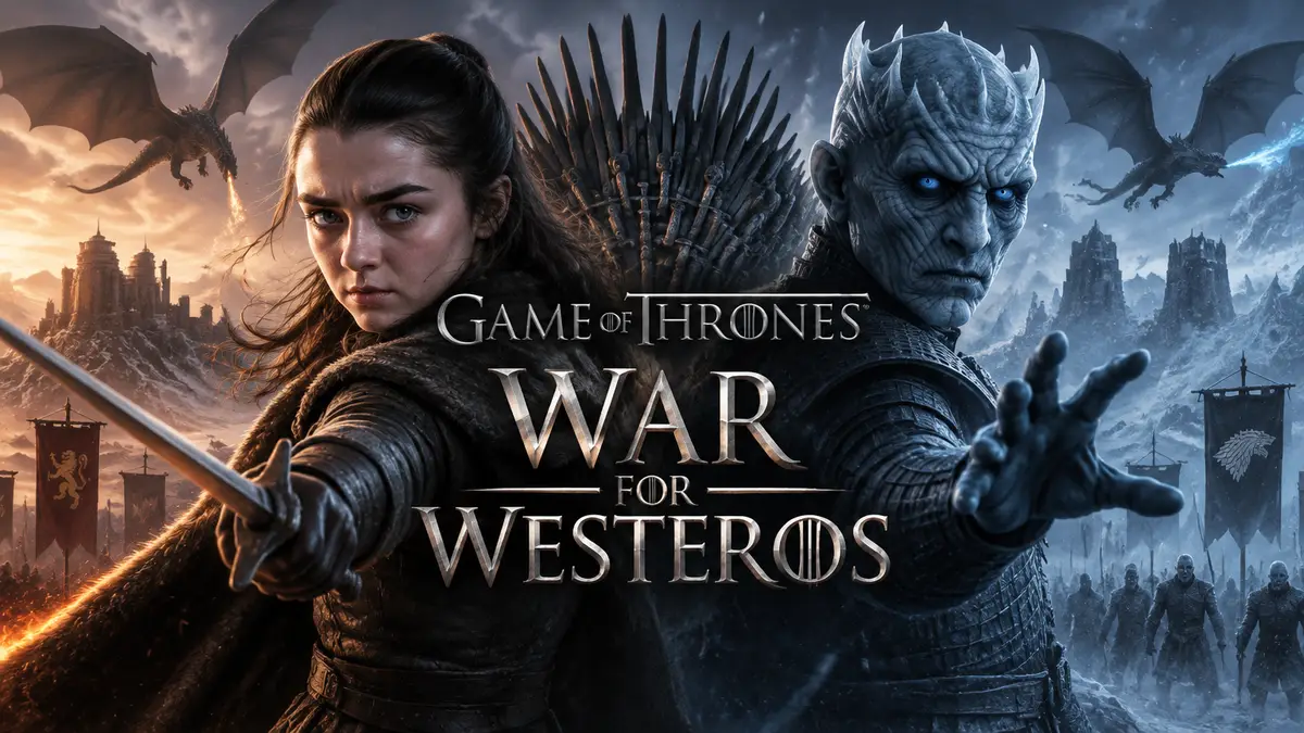 Арья Старк и Король Ночи на фоне Железного трона и драконов, постер Game of Thrones: War for Westeros