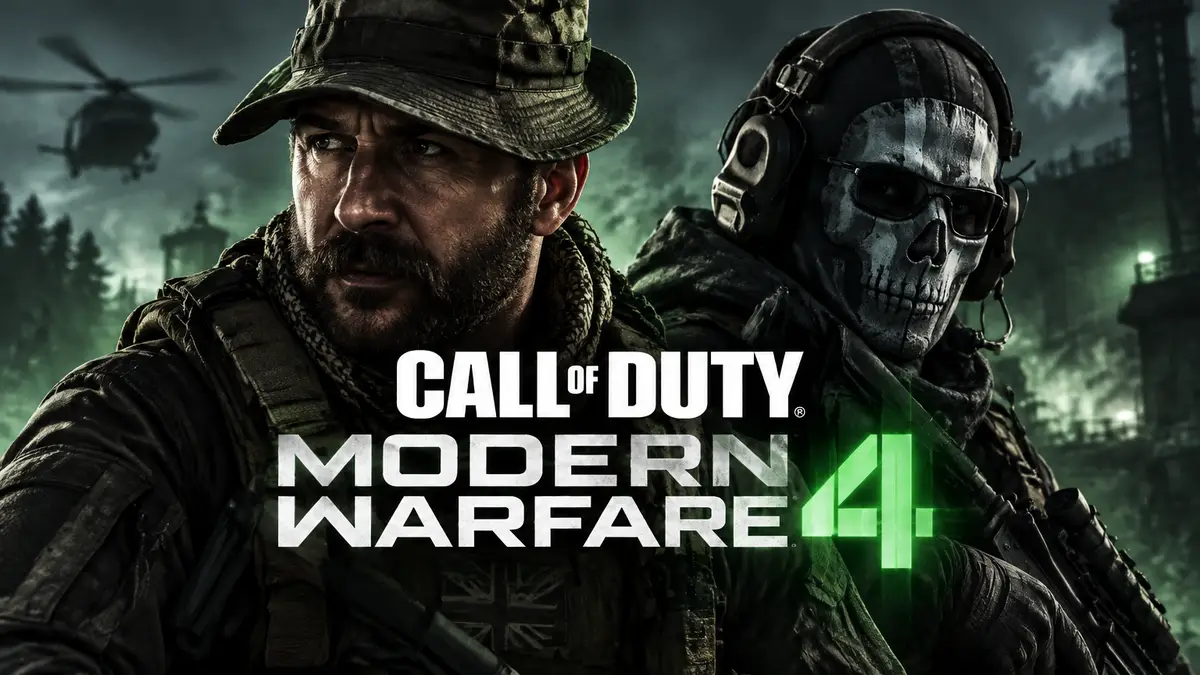 Капитан Прайс в кепке и Гоуст в маске-черепе на фоне логотипа Call of Duty: Modern Warfare 4