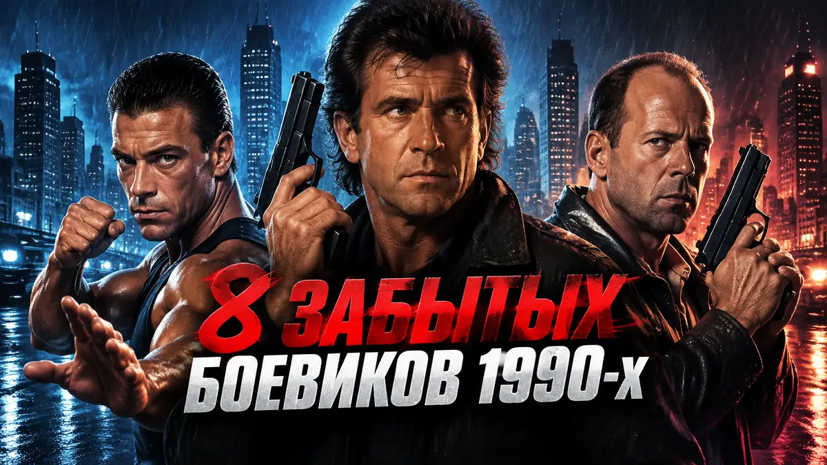 Постер в стиле боевиков 1990-х: Мел Гибсон, Ван Дамм и Брюс Уиллис на фоне ночного города и ливня