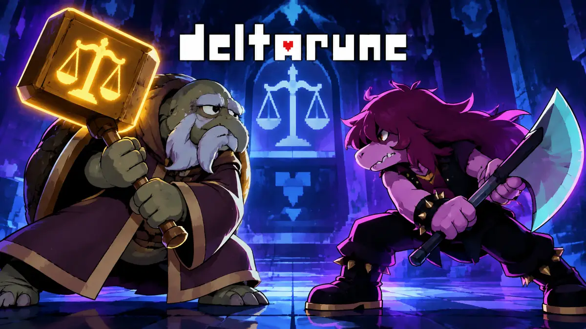 Старый черепах Герсон из Deltarune с «Молотом правосудия» против Сьюзи с топором в тайной комнате