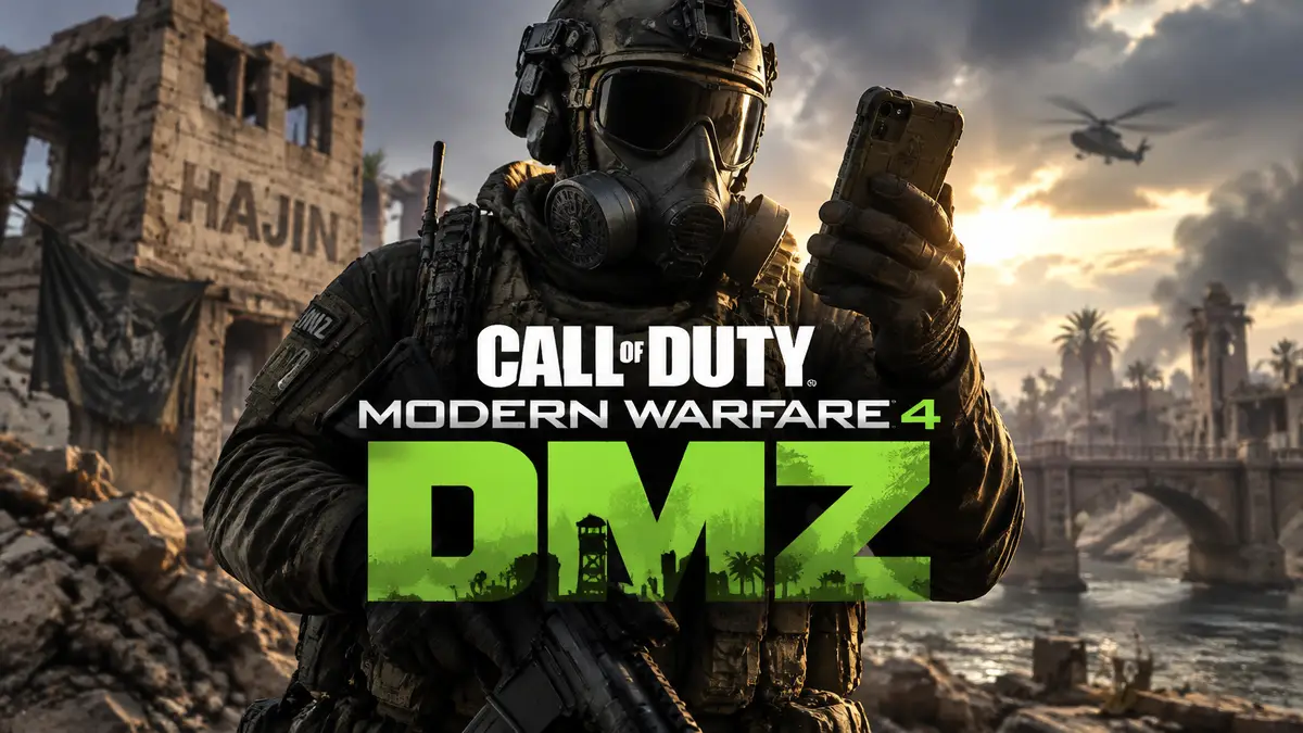 Боец DMZ в противогазе и тактическом снаряжении на фоне руин Hajin, стиль Call of Duty Modern Warfare 4