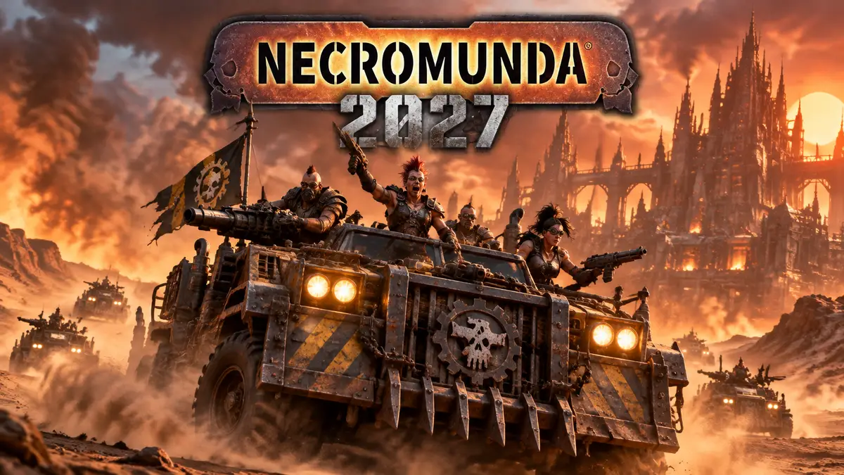Банда Warhammer: Necromunda на огромной бронемашине мчится по пылающим Ash Wastes на фоне индустриального улья