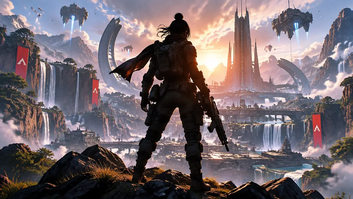 Персонаж королевской битвы Apex Legends на фоне футуристического пейзажа арены