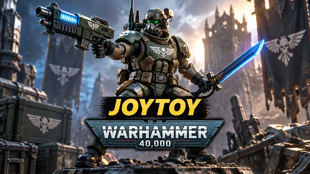 Фигурка касркина из Warhammer 40,000 от JoyToy в броне с лазерным оружием и силовым мечом на подставке