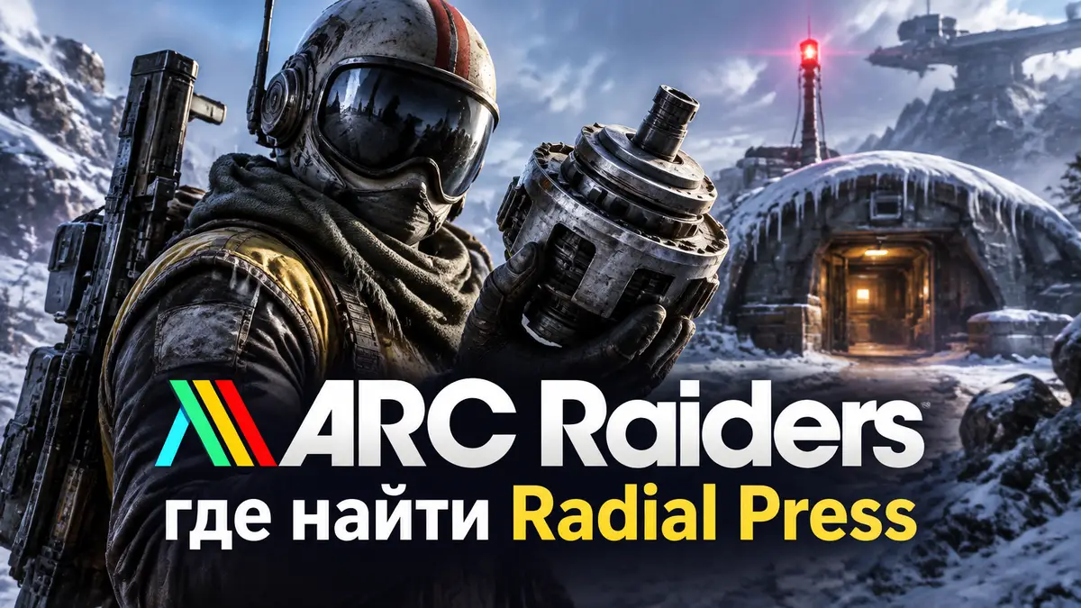 Рейдер ARC Raiders держит деталь Radial Press у заснеженного укрытия Storm Hut с красным маячком