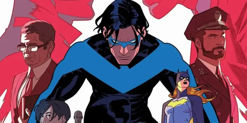 Nightwing standing over all the major political figures of Bludhaven on the Nightwing #92 cover