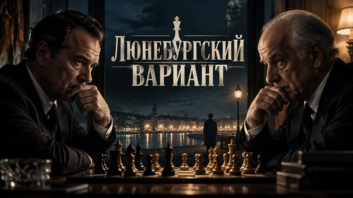 Себастьян Кох и Тони Сервилло за шахматной доской в полумраке, постер нуара «Люнебургский вариант»