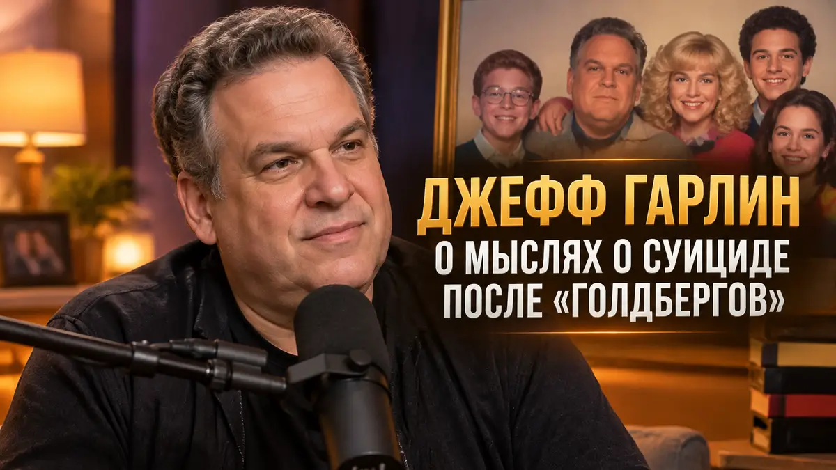 Джефф Гарлин у микрофона в студии подкаста, спокойный взгляд, тёплый свет, тема сериала «Голдберги»