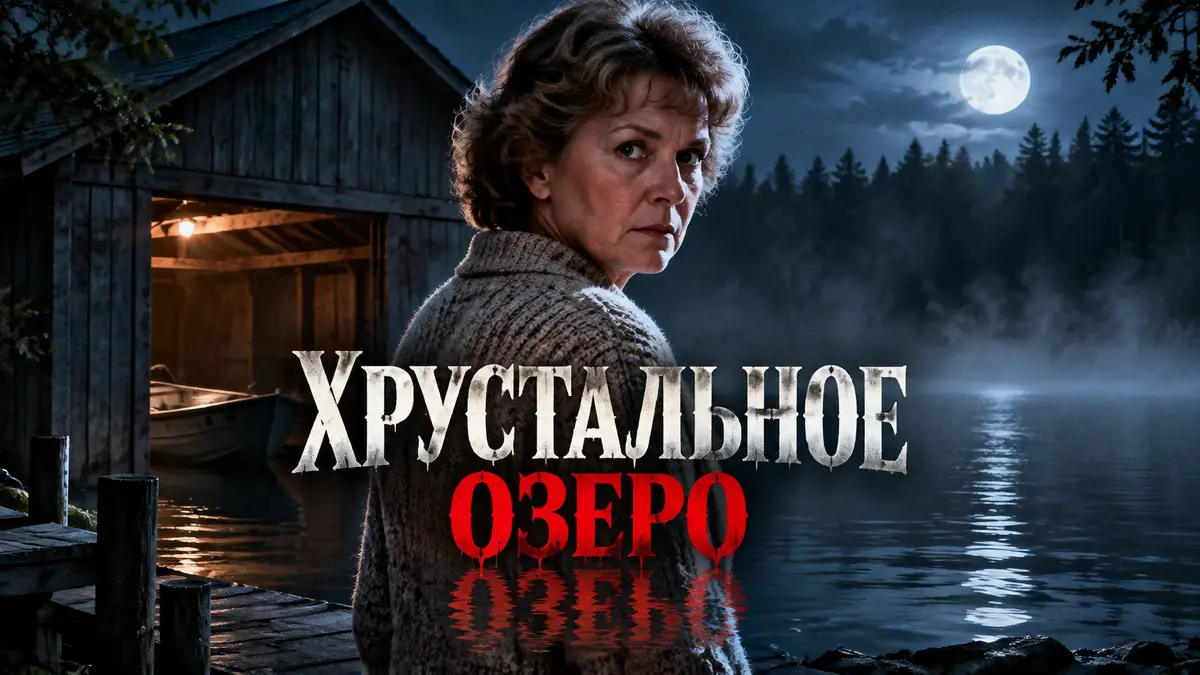 Пэм Вурхиз у лодочного сарая на берегу туманного озера, постер сериала «Хрустальное озеро» в духе «Пятницы, 13-е»