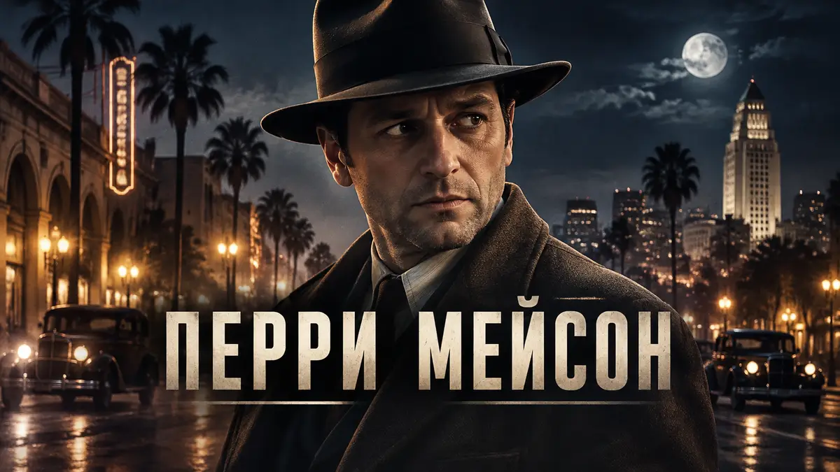 Мэттью Риз в роли Перри Мейсона в федоре на фоне ночного Лос-Анджелеса 1930-х, постер сериала HBO