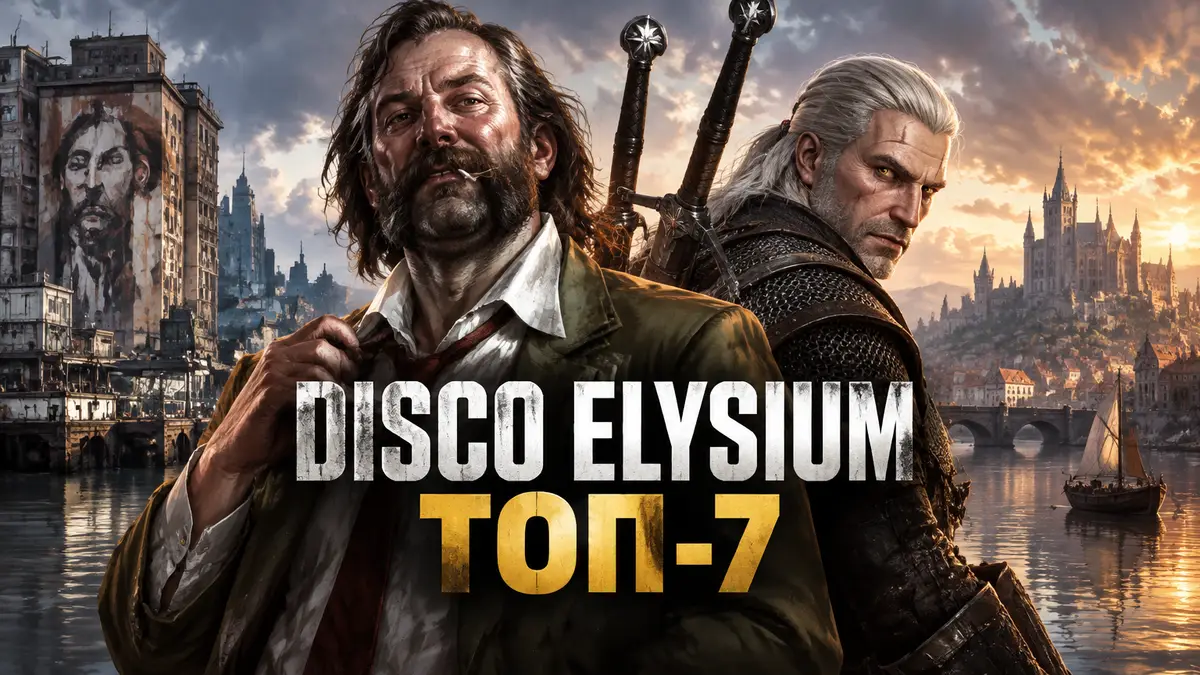 Постер лучших RPG в открытом мире: Гаррет из Disco Elysium и Геральт из The Witcher 3 на фоне города
