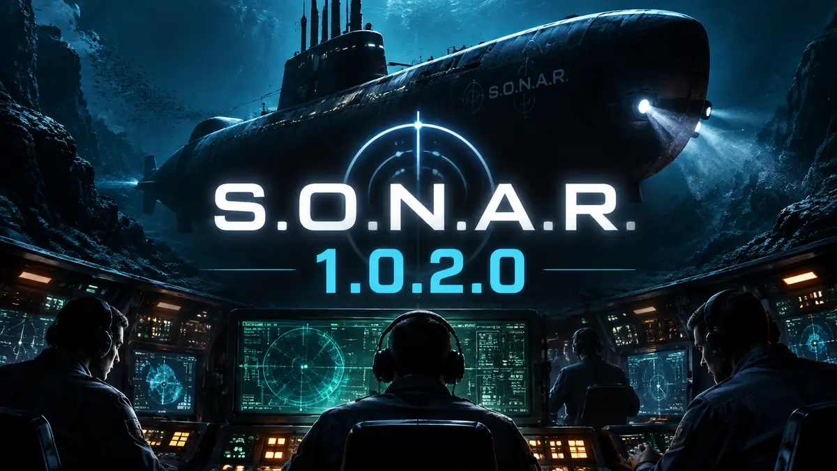 Подводная лодка S.O.N.A.R. в тёмной глубине океана, экипаж в рубке и светящийся логотип игры