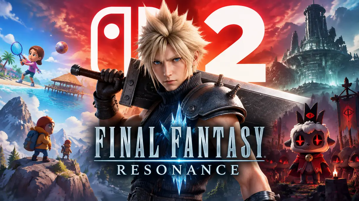 Клауд Страйф с мечом в центре постера Final Fantasy Resonance на фоне логотипа Nintendo Switch 2