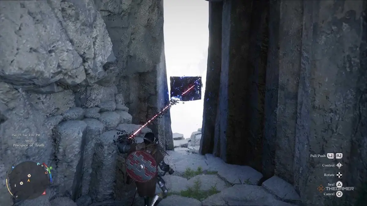 Kliff using Axiom Force on the puzzle block in Crimson Desert.