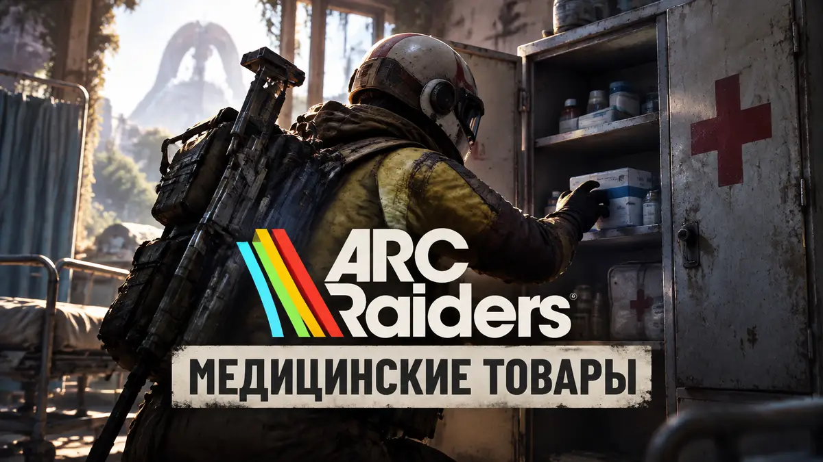 Рейдер обыскивает больничный шкаф в руинах, постер квеста «Медицинские товары» ARC Raiders