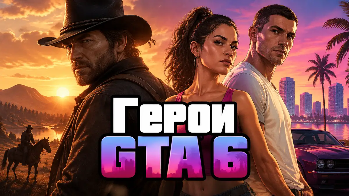 Артур Морган из RDR2 и герои GTA 6 на фоне заката в стиле промо-постера игры