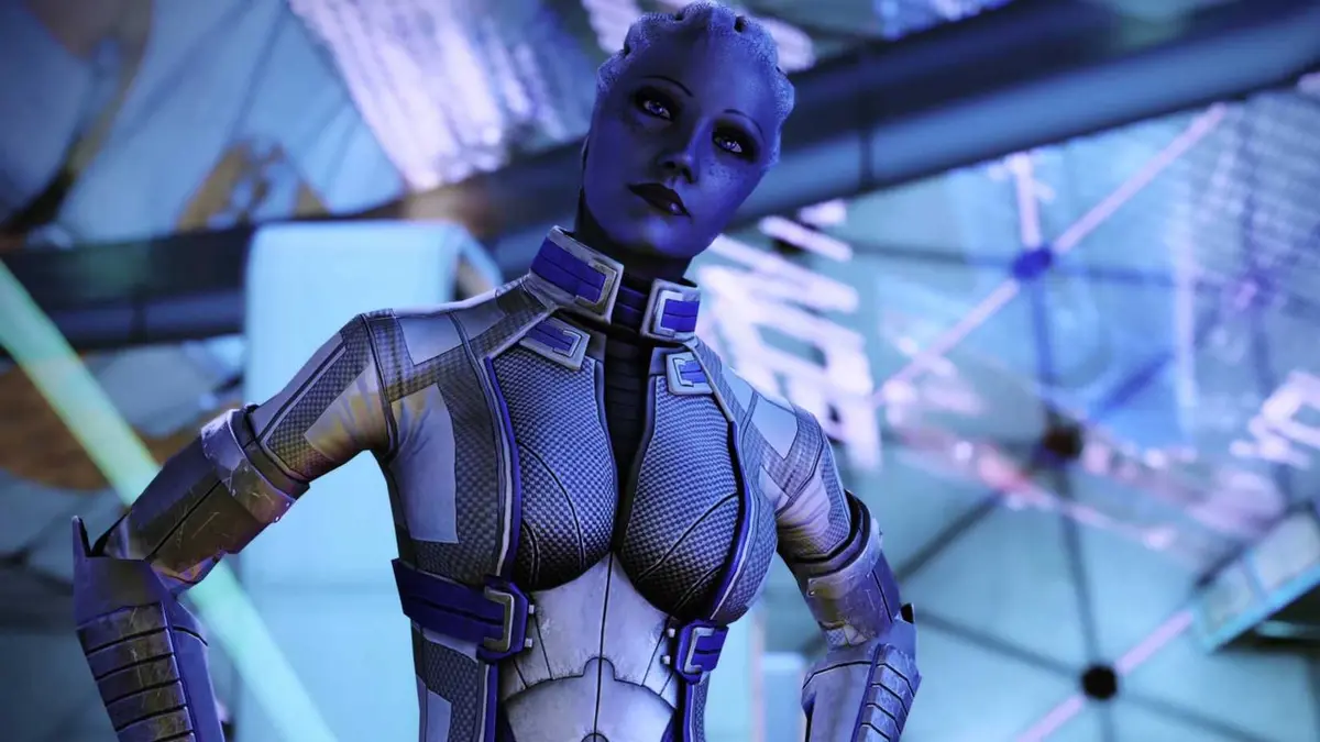 liara with her hands on her hips in the mass effect legendary edition.
