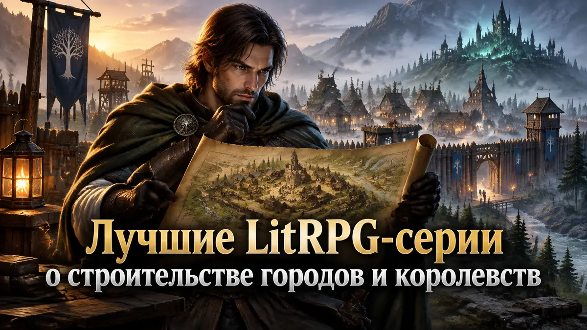 Фэнтези-деревня в тумане за деревянными стенами, герой LitRPG с картой поселения в центре, стиль обложки