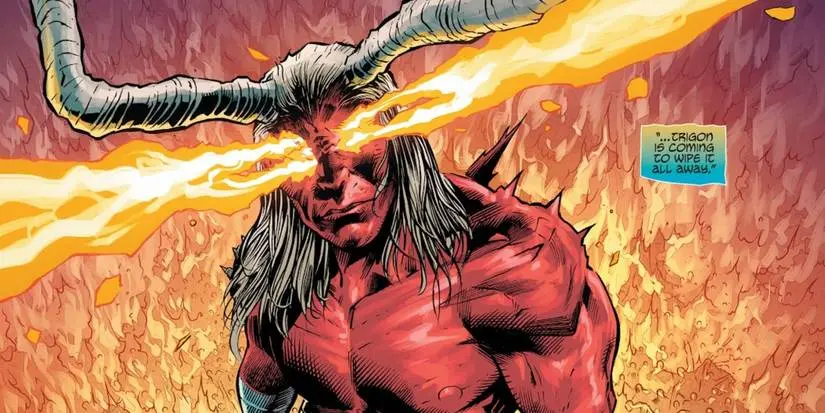 Trigo with flames coming out of his eyes in DC Comics