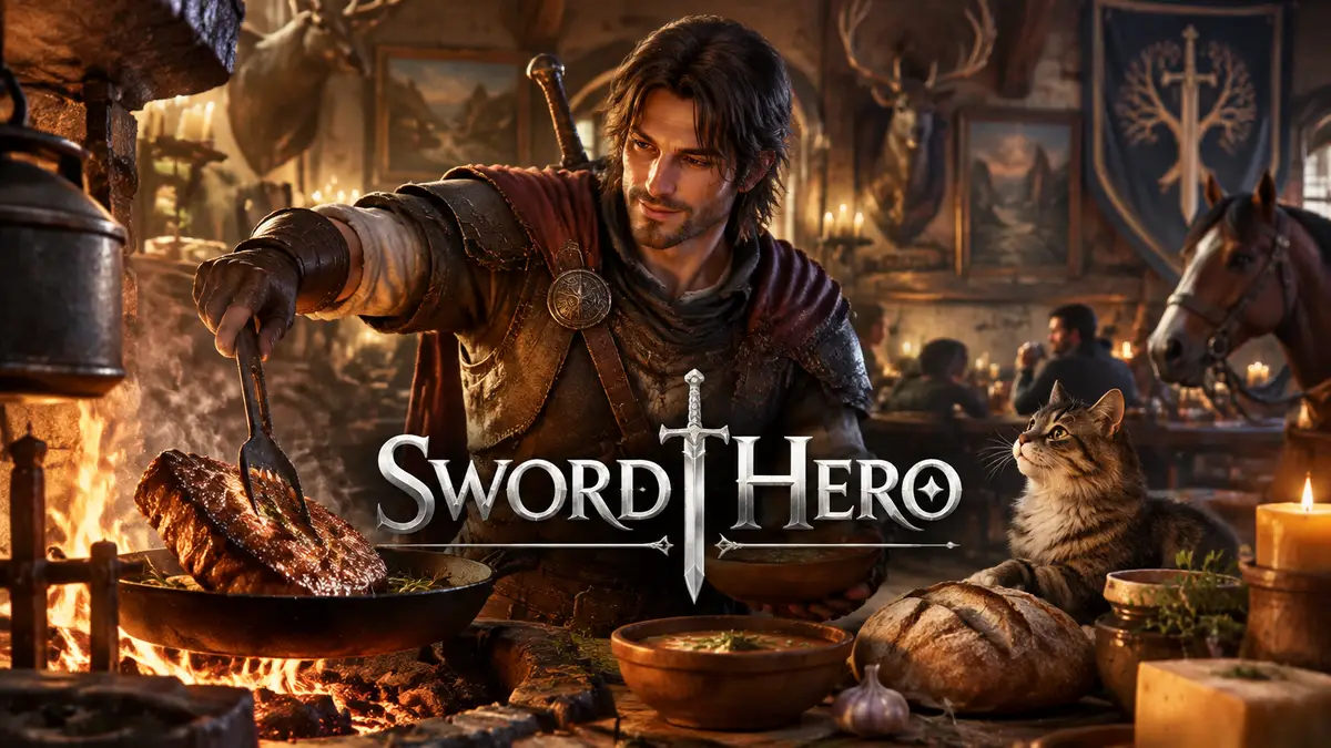 Герой Sword Hero жарит мясо у очага в уютной таверне с картинами и трофеями на стенах, мягкий свет